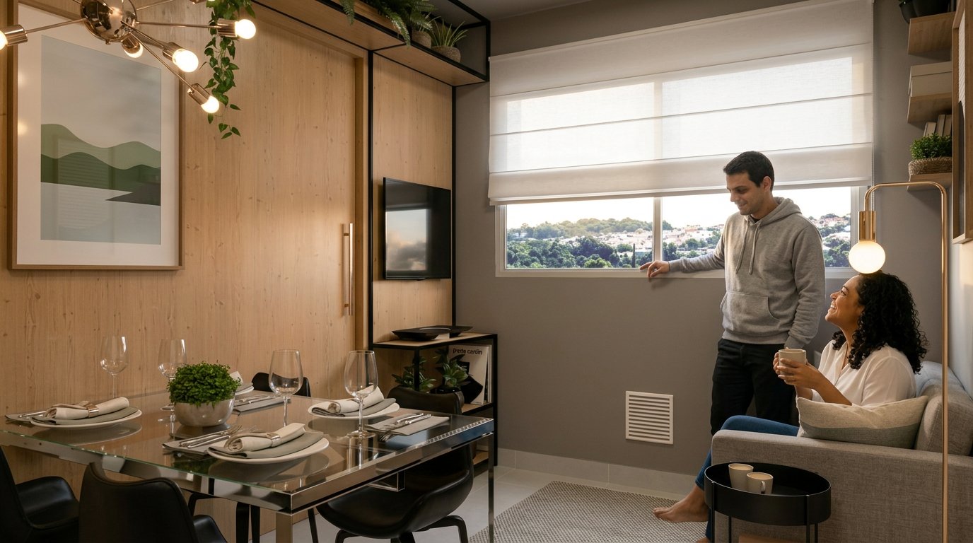 Casal na sala de estar de um apartamento do Granja Julieta