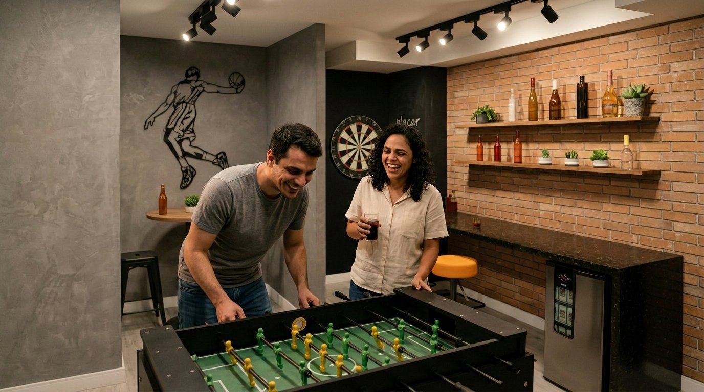 Casal jogando pebolim no sport bar do Granja Julieta