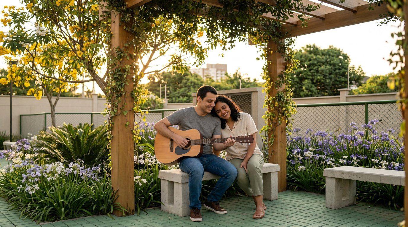 Casal tocando violão no lounge com pergolado do Granja Julieta