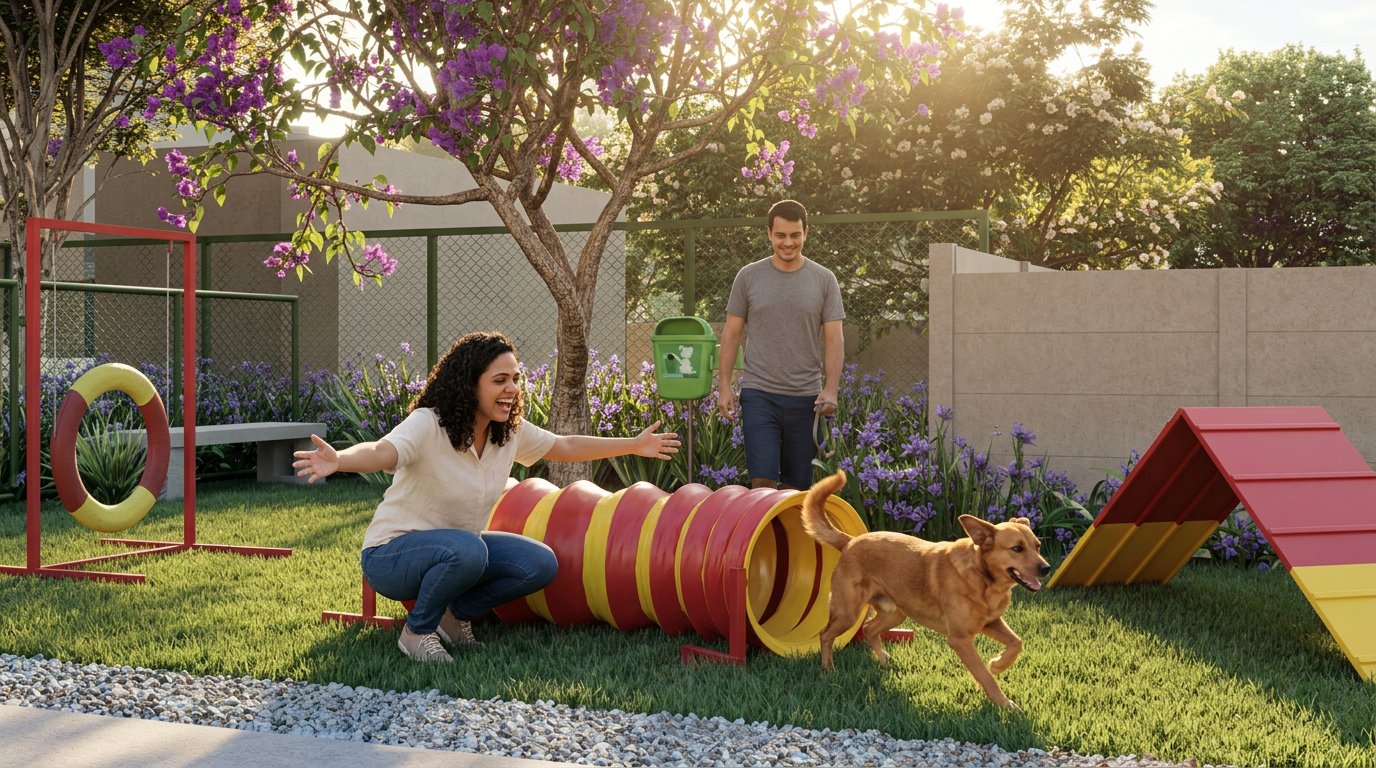 Casal brincando com o cachorro no pet place do Granja Julieta