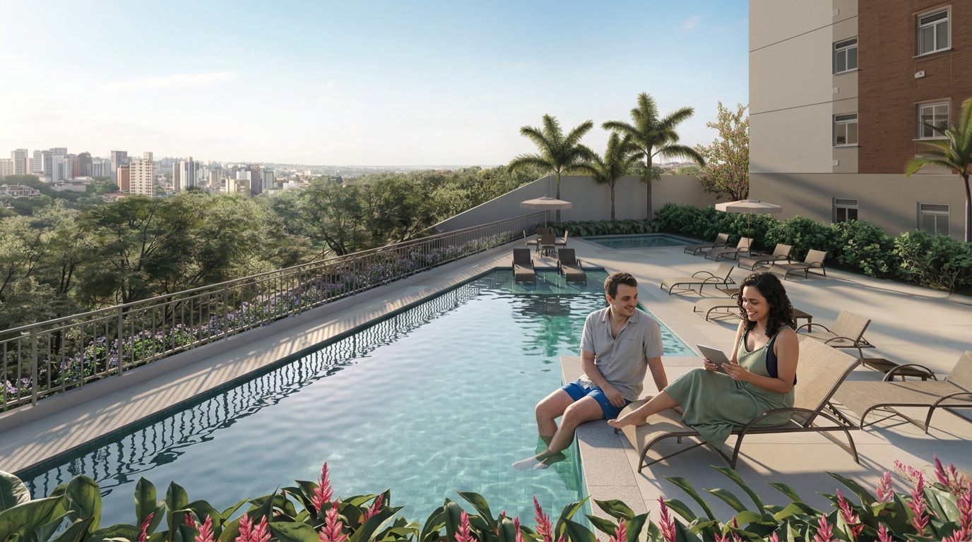 Piscina com vista panorâmica do projeto Lumy Guayá