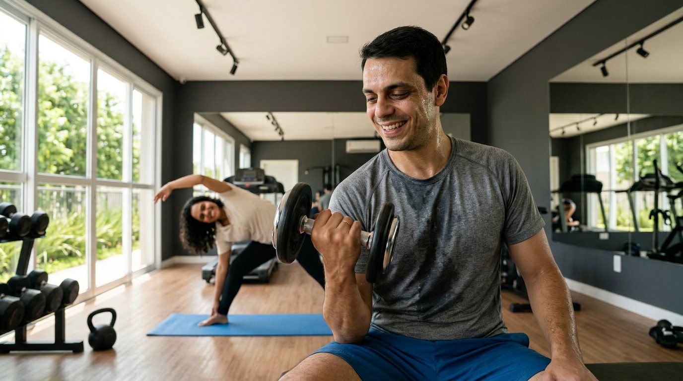 Moradores treinando no fitness center do Miraus Alvorada