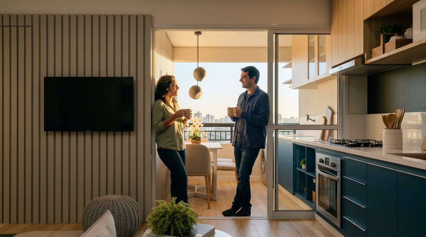 Casal no living com varanda de um apartamento do Miraus Alvorada