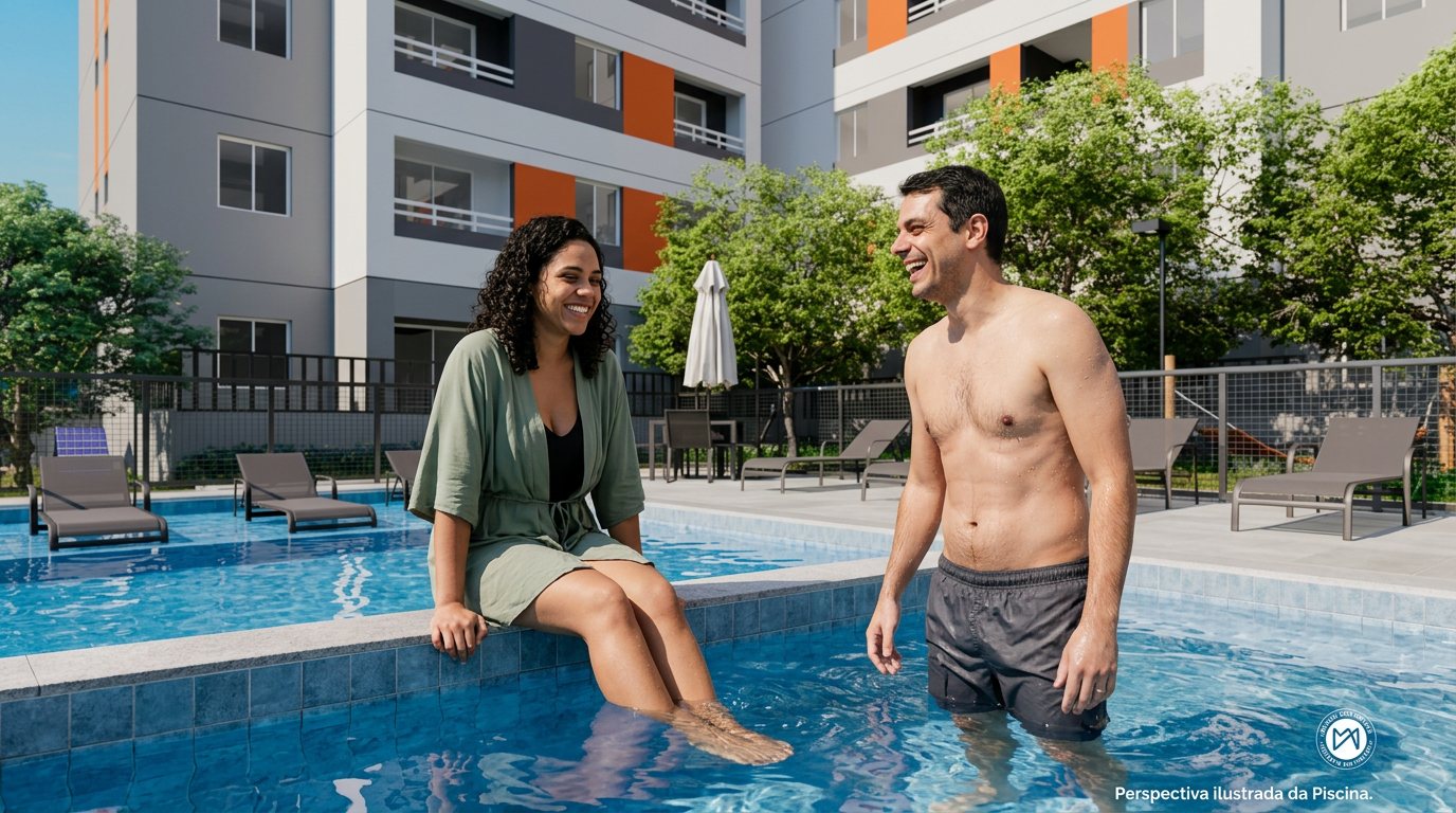 Moradores na piscina com deck molhado do Mundo Apto Estação Lapa