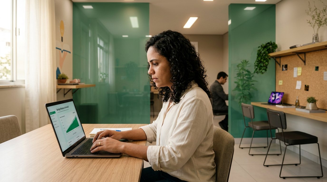 Moradora trabalhando no coworking do Mundo Apto Estação Lapa