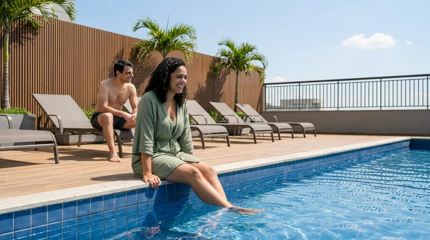 Moradores na piscina com solário e deck do Oli Ipiranga