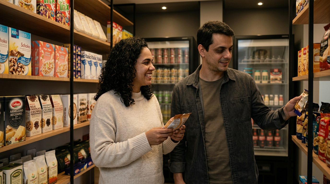 Casal escolhendo produtos no mini market do Oli Ipiranga