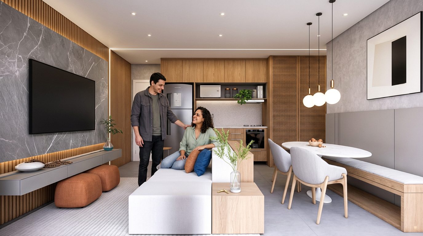 Casal no living integrado à cozinha de um apartamento do Oli Ipiranga
