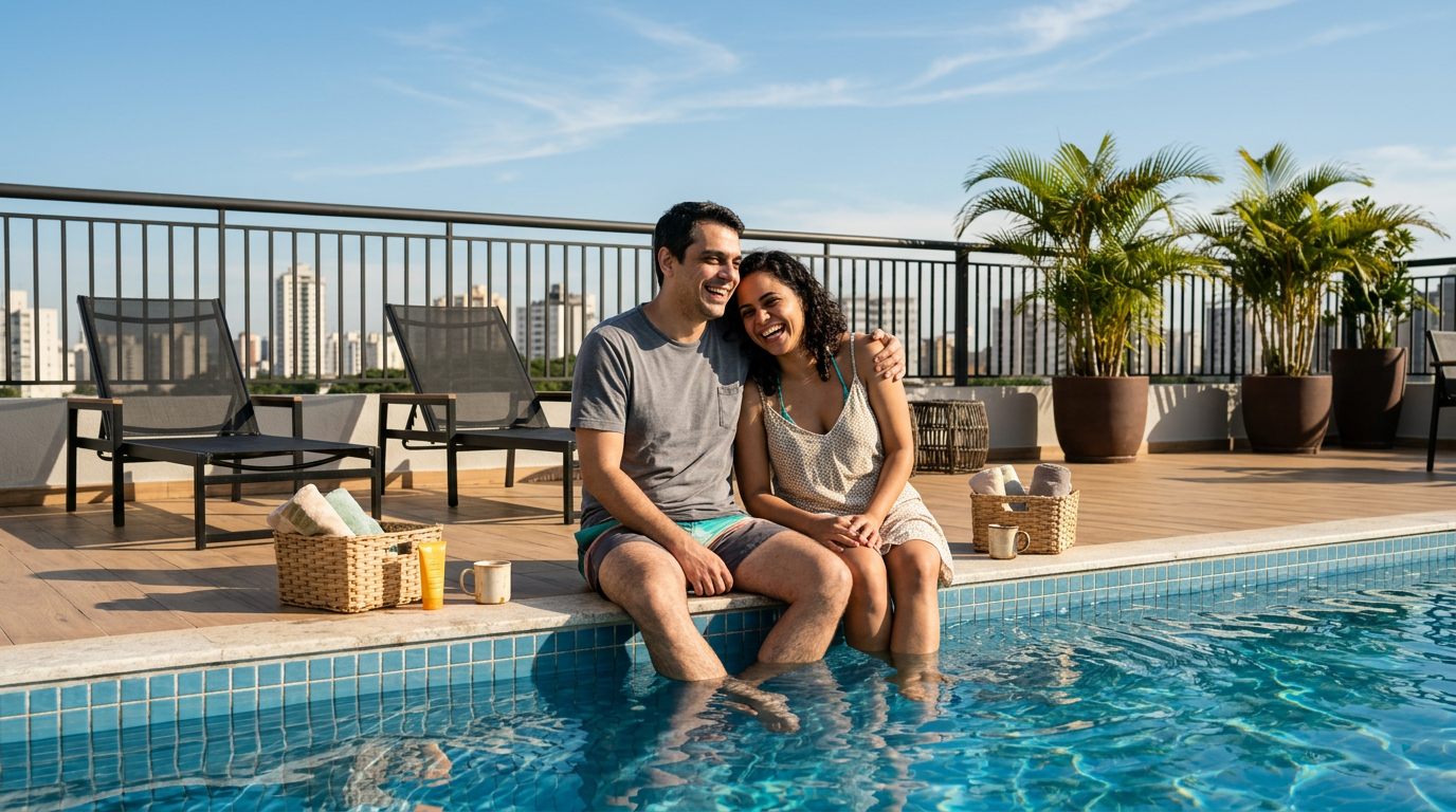Casal na piscina com vista para a cidade no projeto Pulse Itaquera