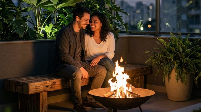 Casal na praça de convivência com fire pit do projeto Pulse Itaquera