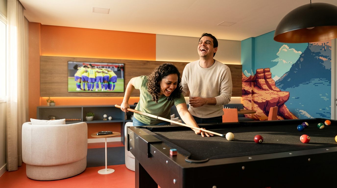 Casal jogando sinuca no salão de jogos do projeto Pulse Itaquera