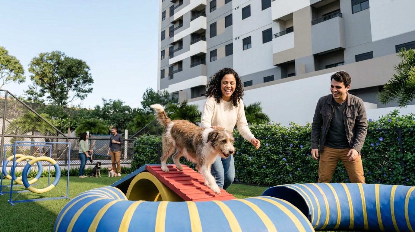 Moradores com cachorro no pet place do projeto Pulse Itaquera