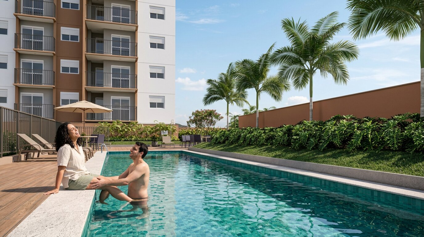 Casal relaxando na piscina com solário do Vibra Vila Carrão