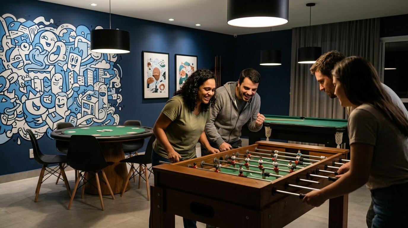 Amigos jogando pebolim no salão de jogos do Vibra Vila Carrão