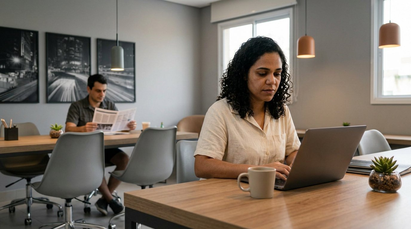 Moradores trabalhando no coworking do Vila Cambuci