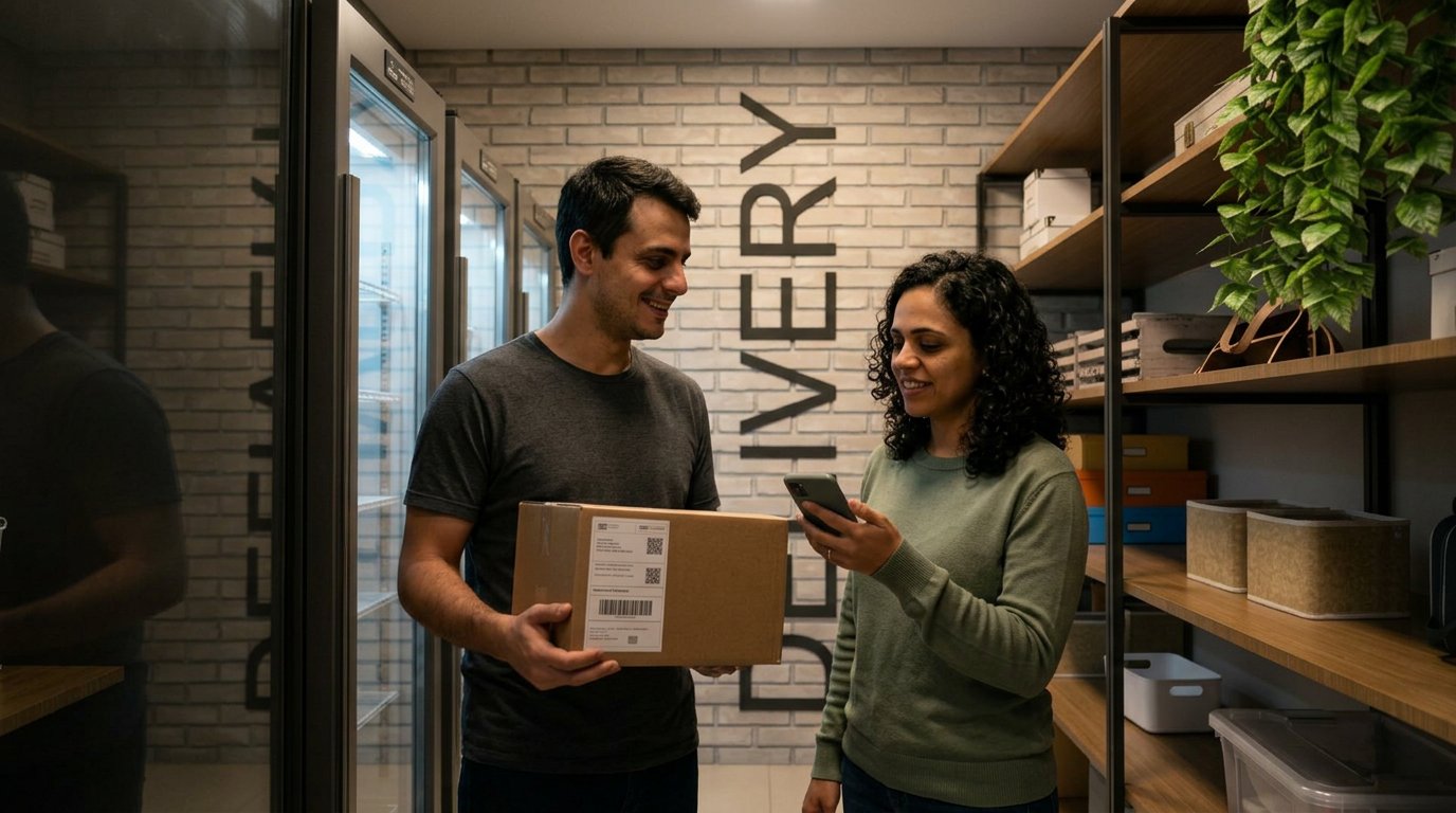 Casal retirando uma encomenda no espaço delivery do Vila Cambuci