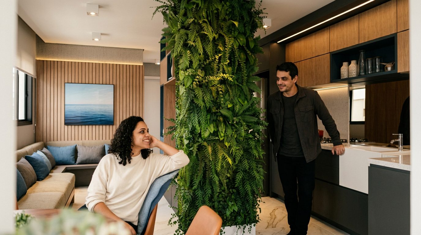 Casal no living integrado à cozinha de um apartamento do Vinx Giovanni Gronchi
