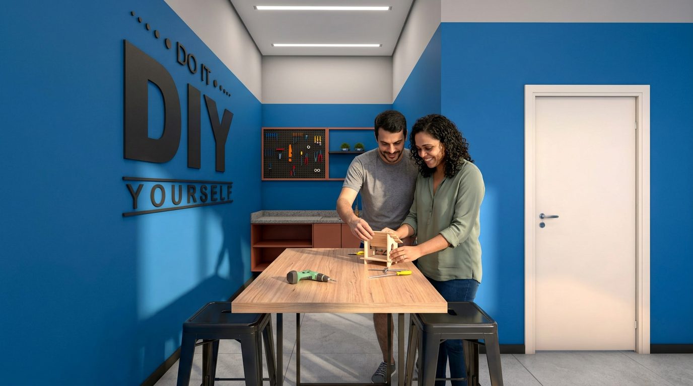 Casal montando uma peça de madeira na oficina DIY do Vinx Giovanni Gronchi